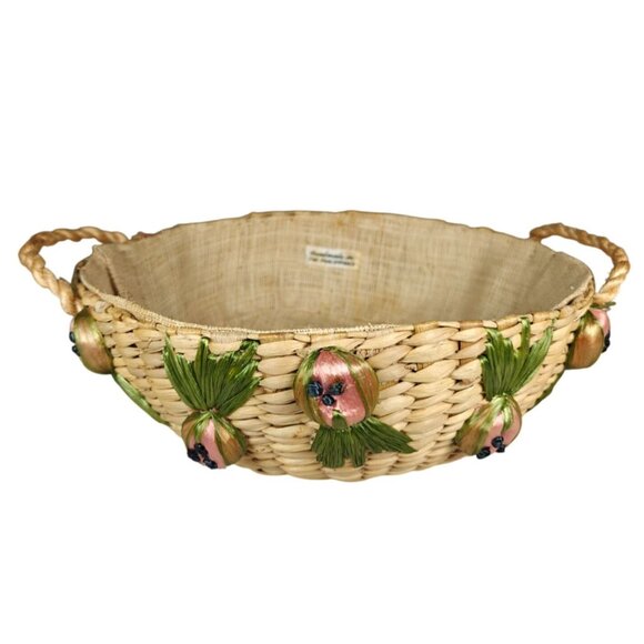 Vintage Woven Raffia Straw Round Casserole Basket With Fruit Accents Handles - Picture 1 of 9